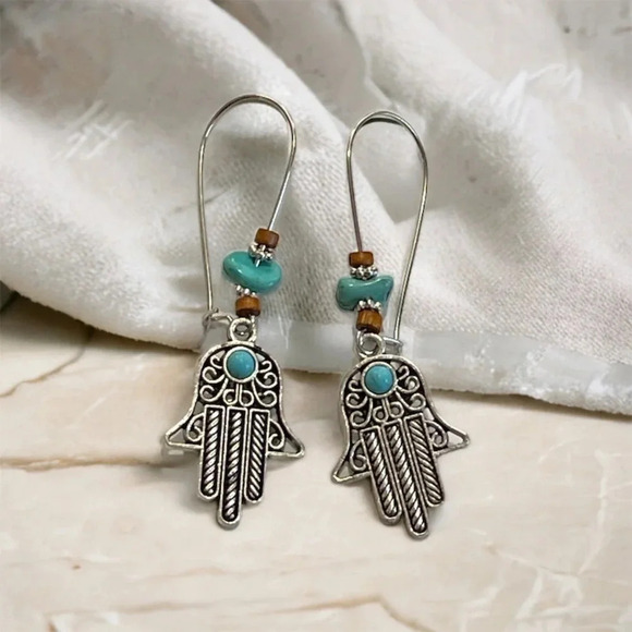 Bohemian Hand Silver Turquoise Dangle Earrings - Picture 3 of 4